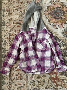 Roxy Pink and Gray Plaid Hooded Button-Down Shirt